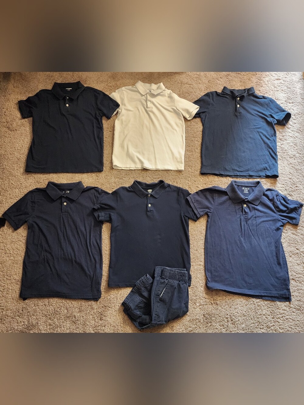 Boys Size 10-12 Uniforms, 6 Polo Shirts, Size 10 Shorts, Flaws Shown